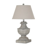 Hill Interiors Table Lamp with Linen Shade in white, featuring a sculpted resin urn-style base and tapered natural linen shade on a plain background.