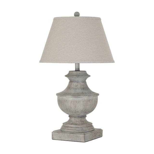 Hill Interiors Table Lamp with Linen Shade in white, featuring a sculpted resin urn-style base and tapered natural linen shade on a plain background.