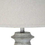 Close-up of Hill Interiors Table Lamp with natural linen drum shade and sculpted white resin base with a weathered grey finish.