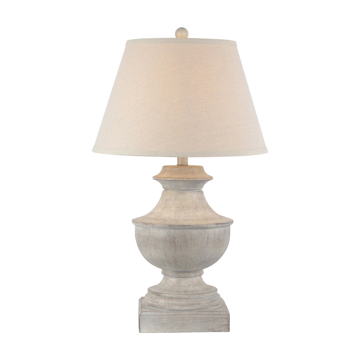 Hill Interiors Table Lamp with sculpted white resin urn-shaped base and tapered natural linen shade, shown on a plain white background.