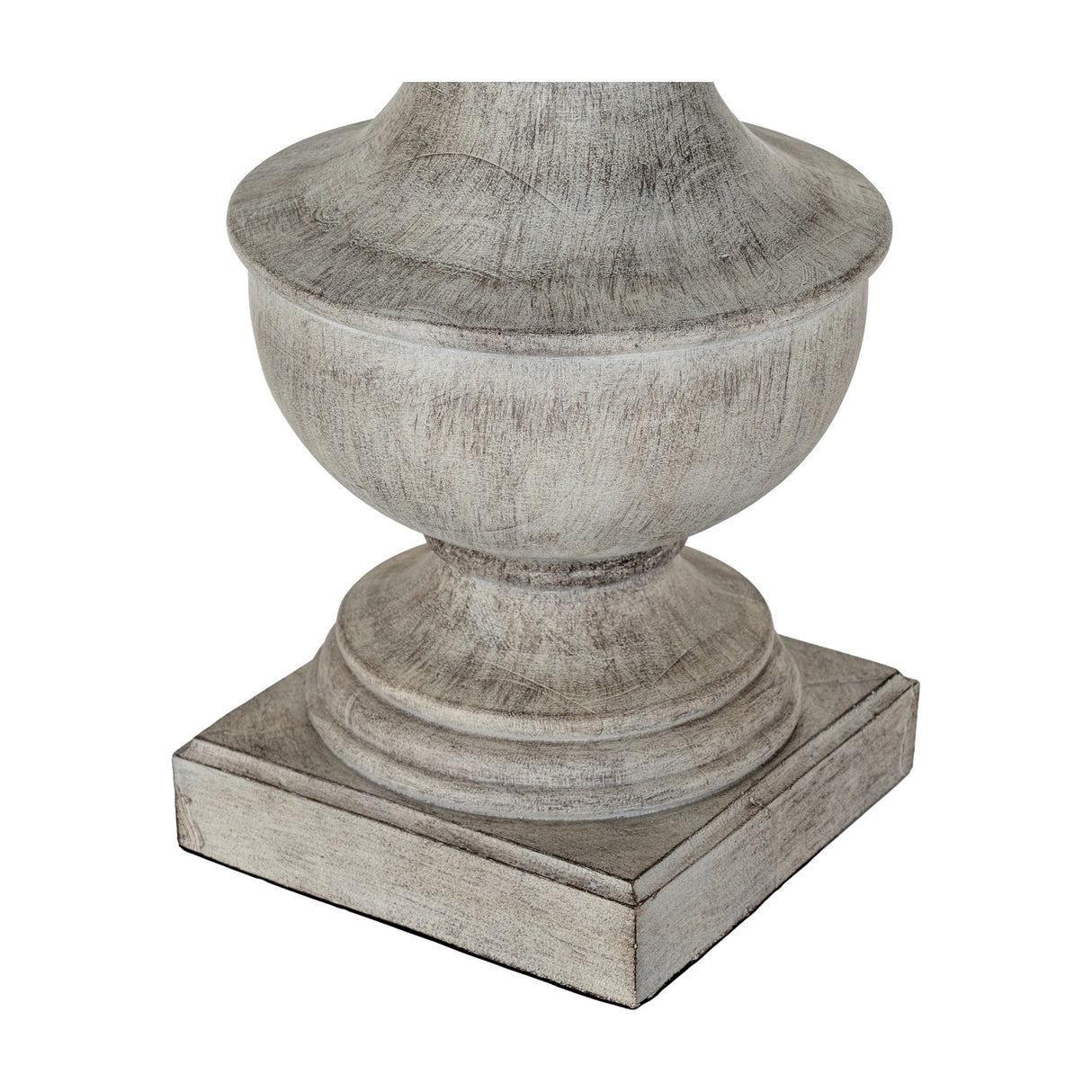 Close-up of the Hill Interiors Table Lamp base, showing a sculpted white resin pedestal with urn shape on a square plinth against a plain white background.