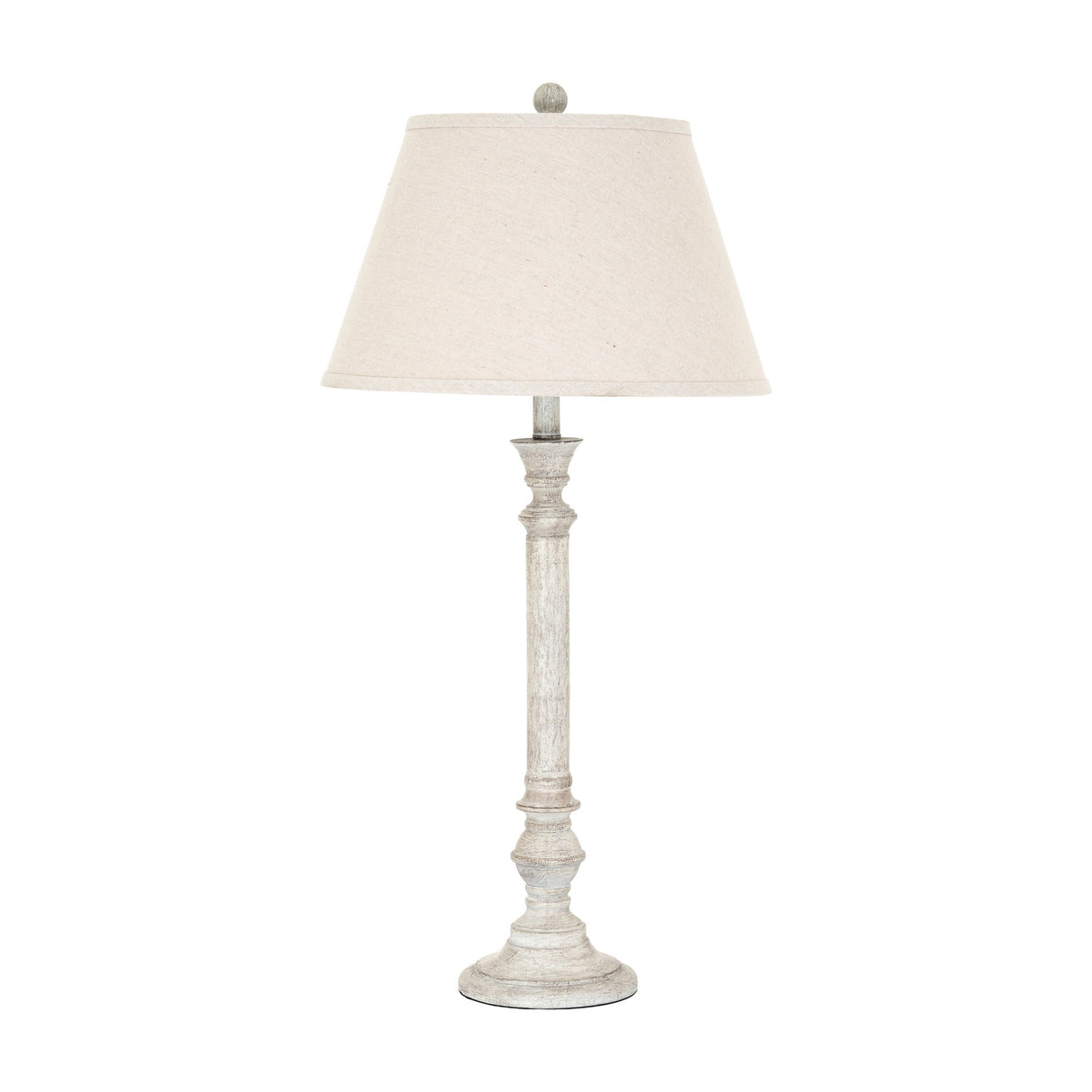 Hill Interiors Table Lamp with Linen Shade in white, featuring a turned moulded resin column base and tapered linen shade on a plain background.