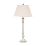 Hill Interiors Table Lamp with Linen Shade in white, featuring a turned moulded resin column base and tapered linen shade on a plain background.