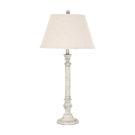 Hill Interiors Table Lamp with Linen Shade in white, featuring a turned moulded resin column base and tapered linen shade on a plain background.