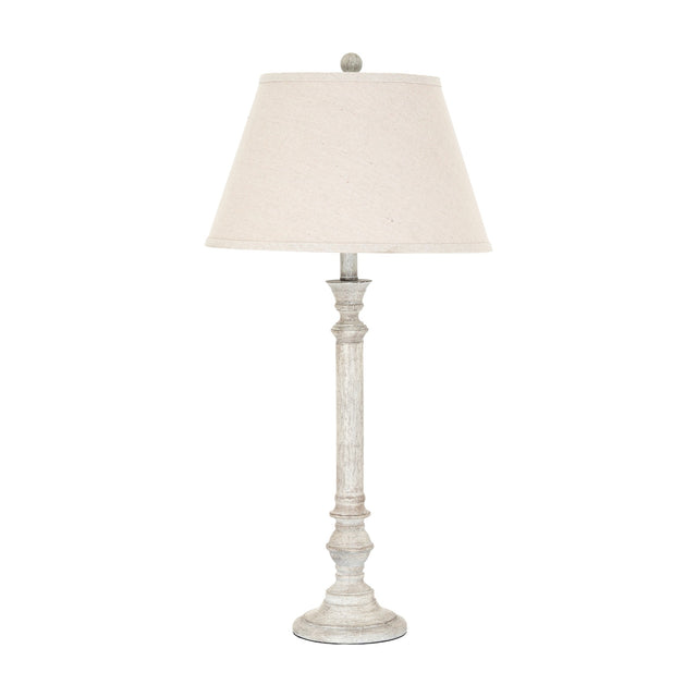 Hill Interiors Table Lamp with Linen Shade in white, featuring a turned moulded resin column base and tapered linen shade on a plain background.