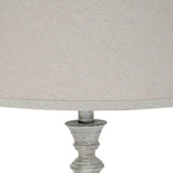 Close-up of Hill Interiors Table Lamp with Linen Shade in white, showing the moulded resin base detail and natural linen drum shade.