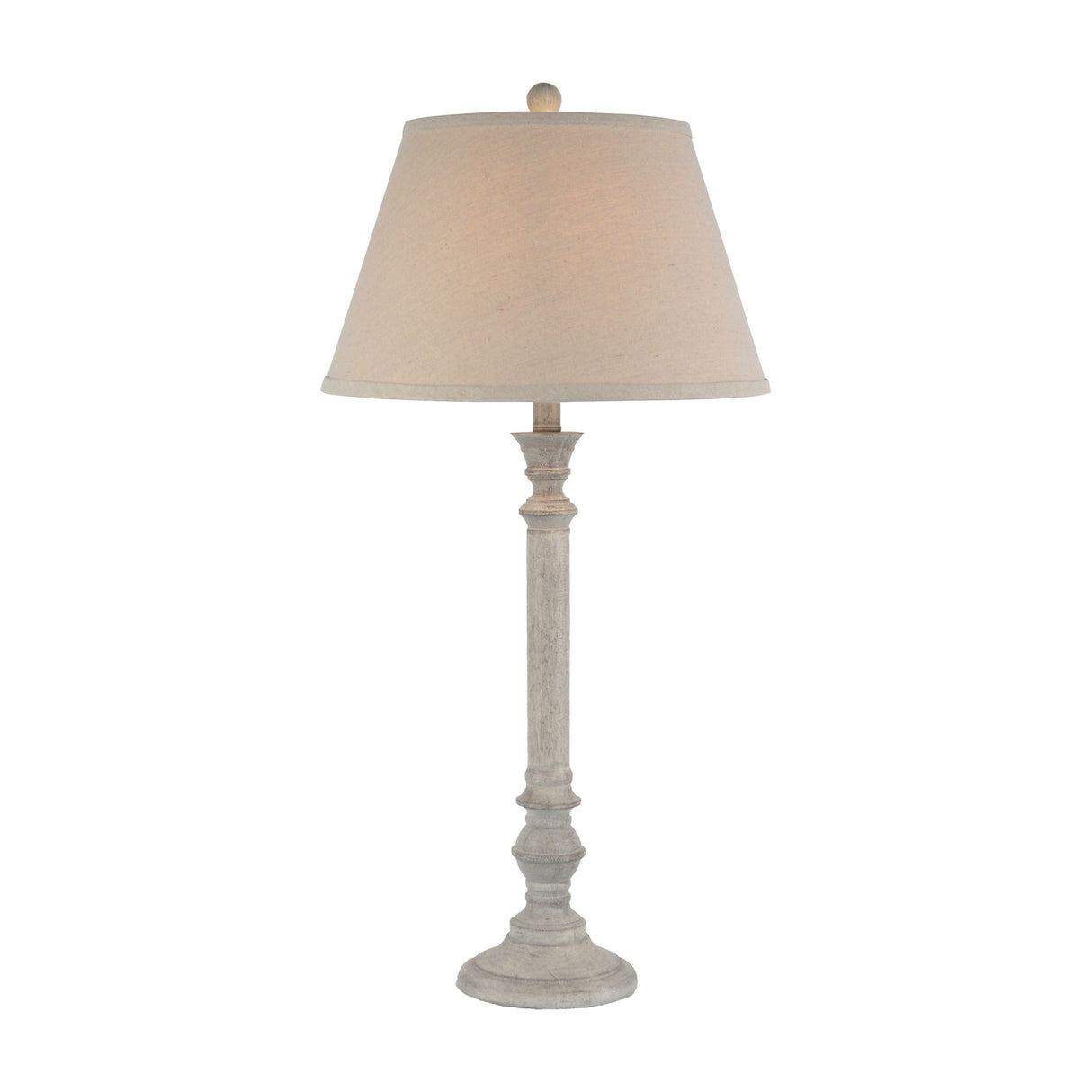 Hill Interiors Table Lamp with Linen Shade in white, featuring a slim turned resin base and tapered linen drum shade, on a plain background.