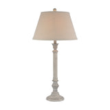 Hill Interiors Table Lamp with Linen Shade in white, featuring a slim turned resin base and tapered linen drum shade, on a plain background.