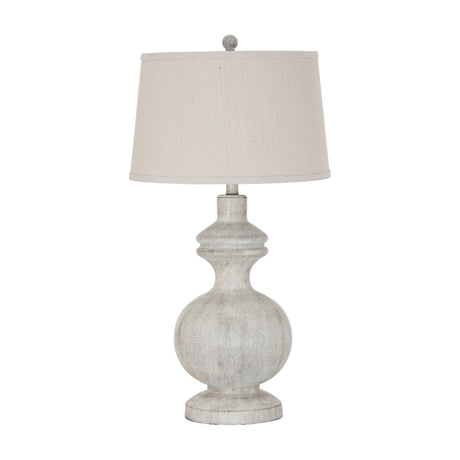 Hill Interiors Table Lamp with sculpted white resin base and tapered natural linen shade, shown against a plain white background.