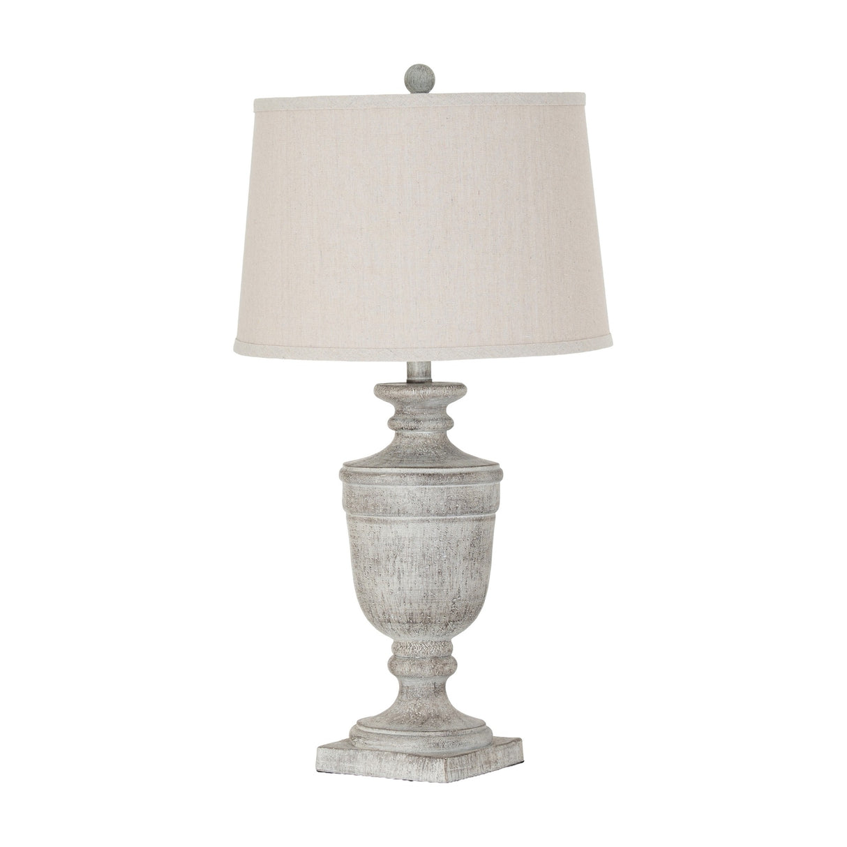 Hill Interiors Table Lamp With Linen Shade in white, featuring a moulded resin urn-shaped base and tapered linen drum shade on a plain background.