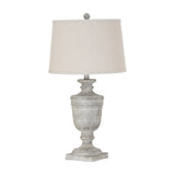 Hill Interiors Table Lamp With Linen Shade in white, featuring a moulded resin urn-shaped base and tapered linen drum shade on a plain background.