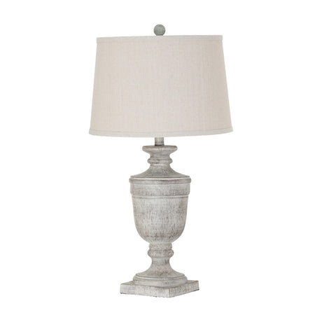 Hill Interiors Table Lamp With Linen Shade in white, featuring a moulded resin urn-shaped base and tapered linen drum shade on a plain background.