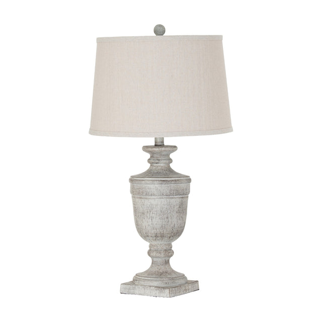 Hill Interiors Table Lamp With Linen Shade in white, featuring a moulded resin urn-shaped base and tapered linen drum shade on a plain background.