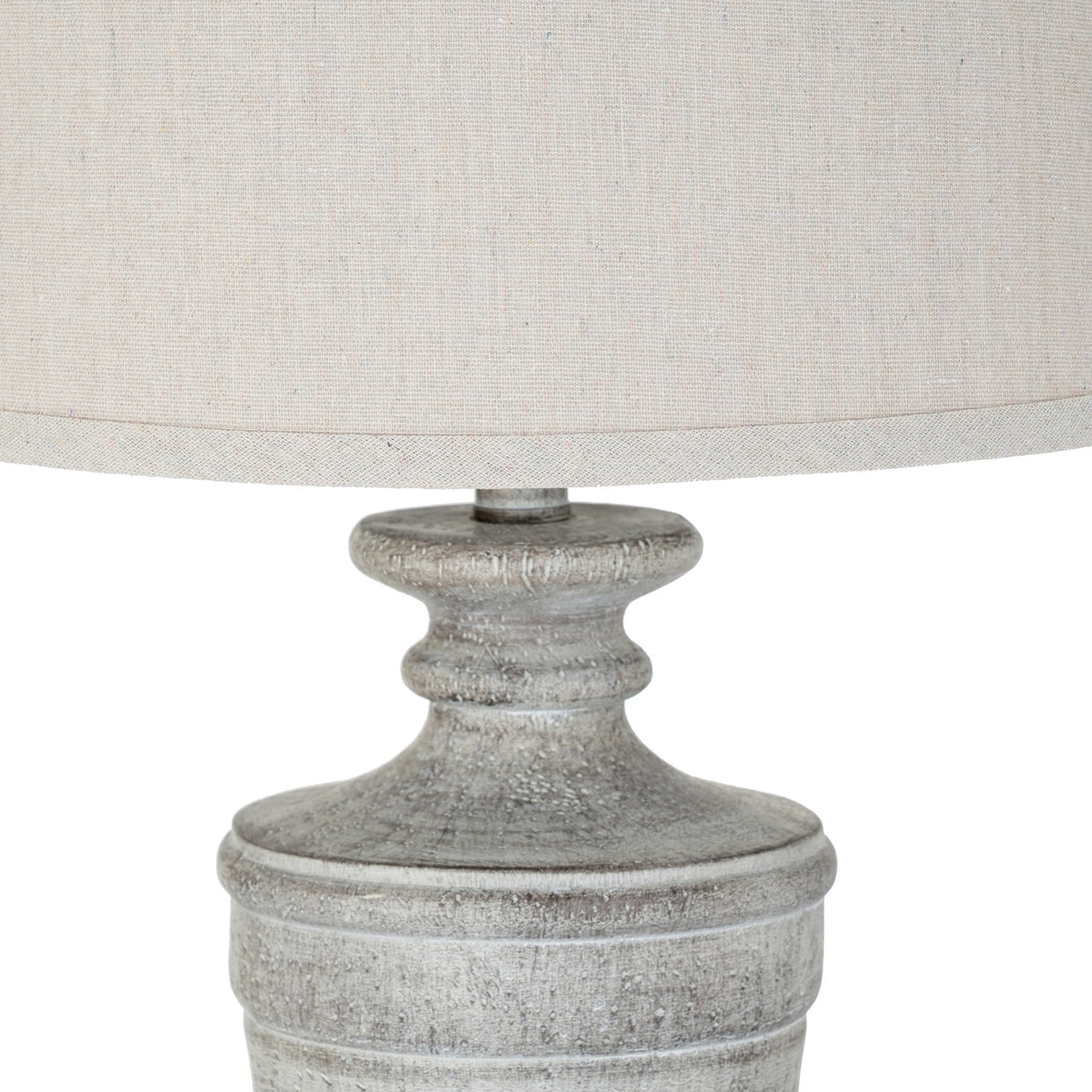 Close-up of the Hill Interiors Table Lamp with Linen Shade in white, showing the turned resin base with distressed finish and neutral linen drum shade.