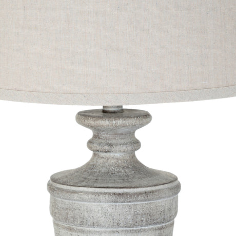 Close-up of the Hill Interiors Table Lamp with Linen Shade in white, showing the turned resin base with distressed finish and neutral linen drum shade.