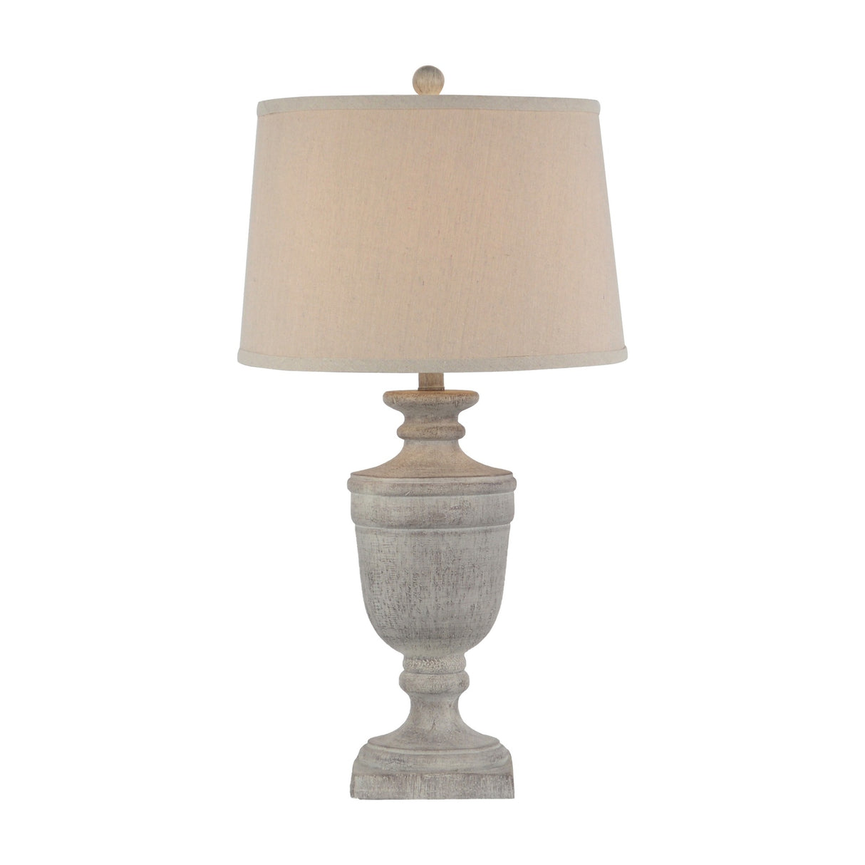 Hill Interiors Table Lamp with white moulded resin urn-shaped base and natural linen drum shade, shown on a plain white background.