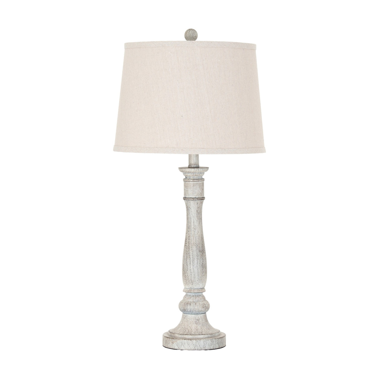 Hill Interiors Table Lamp with Linen Shade in white, featuring a turned moulded resin base and tapered natural linen shade on a plain background.