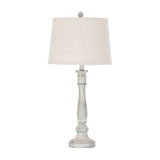 Hill Interiors Table Lamp with Linen Shade in white, featuring a turned moulded resin base and tapered natural linen shade on a plain background.