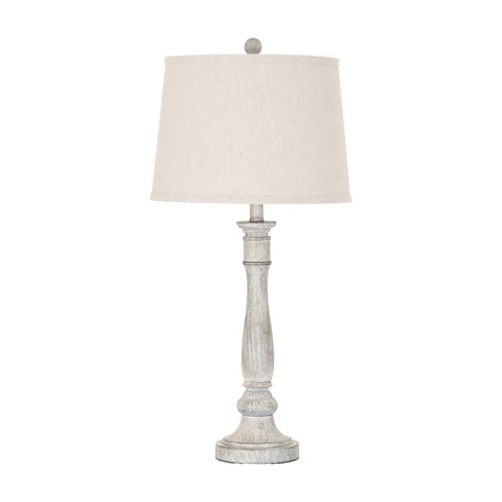 Hill Interiors Table Lamp with Linen Shade in white, featuring a turned moulded resin base and tapered natural linen shade on a plain background.