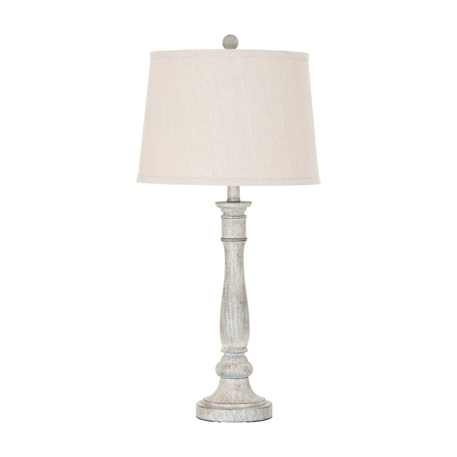 Hill Interiors Table Lamp with Linen Shade in white, featuring a turned moulded resin base and tapered natural linen shade on a plain background.