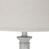 Close-up of the Hill Interiors Table Lamp with Linen Shade, showing the natural linen drum shade and distressed white moulded resin base.