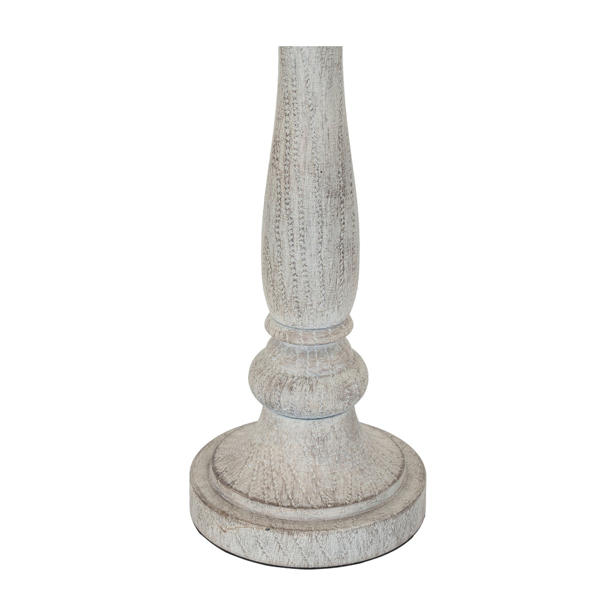 Close-up of the Hill Interiors Table Lamp with Linen Shade in white, showing the turned moulded resin base with a distressed finish on a plain background.