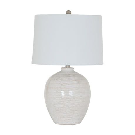 Hill Interiors ceramic table lamp with a white glazed chevron-textured rounded base and natural linen drum shade, on a plain white background.