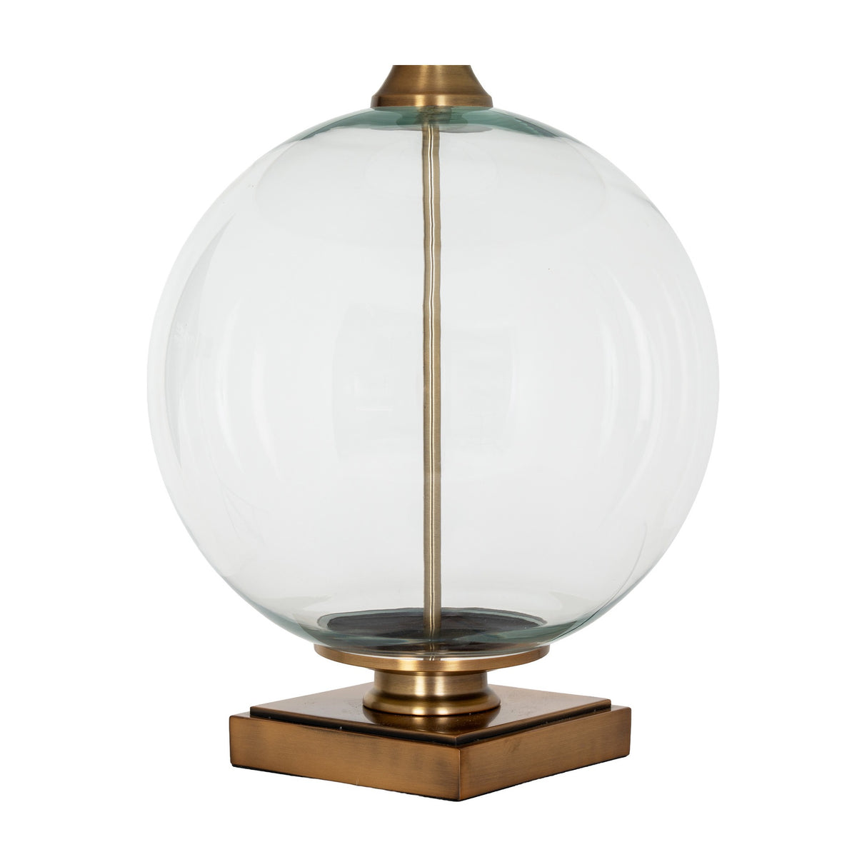 Hill Interiors Glass Orb Table Lamp base with clear round glass sphere on a square brass-finished plinth, shown on a white background.