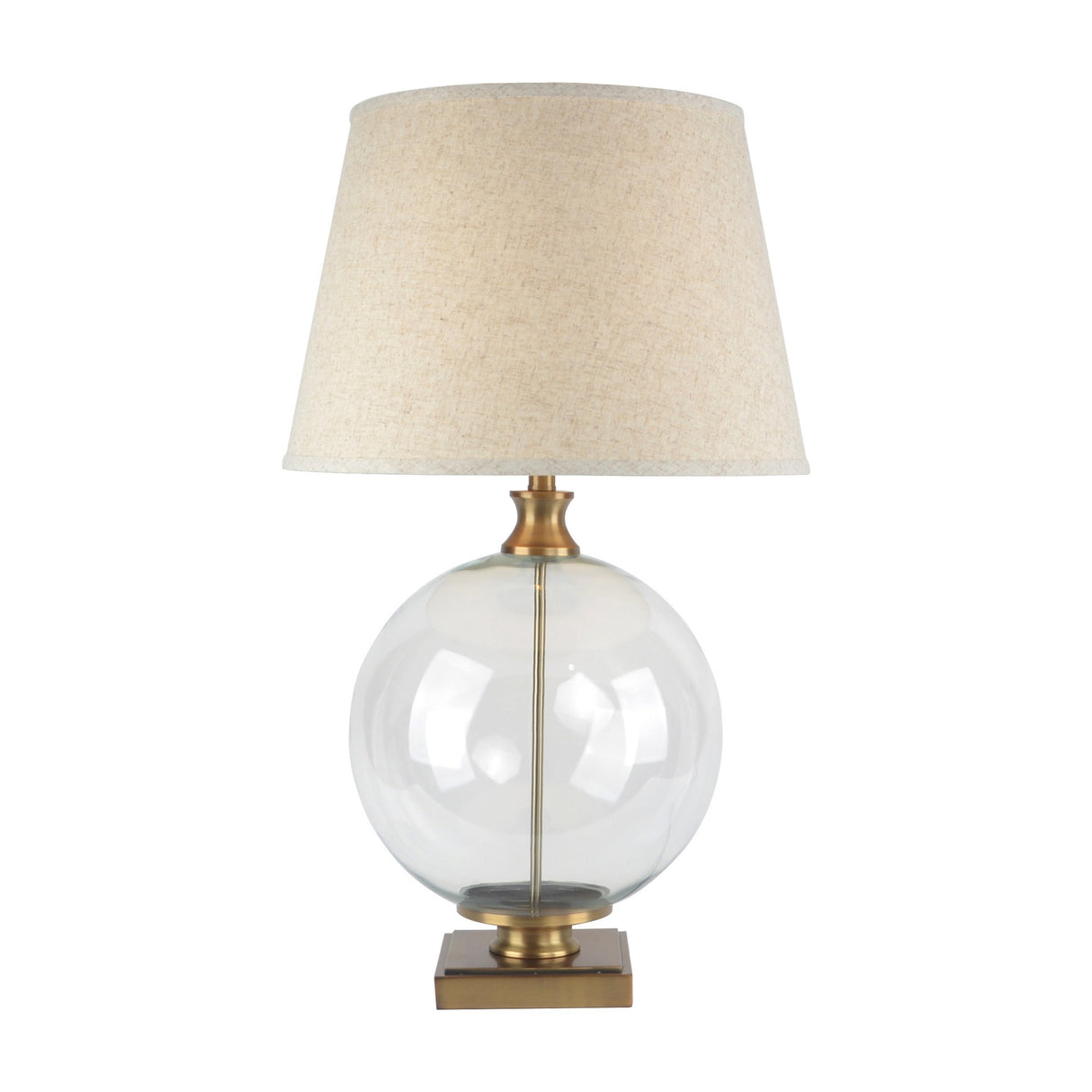Hill Interiors Glass Orb Table Lamp with clear round glass base, brass-finished detail, square base and natural edged linen shade on a white background.