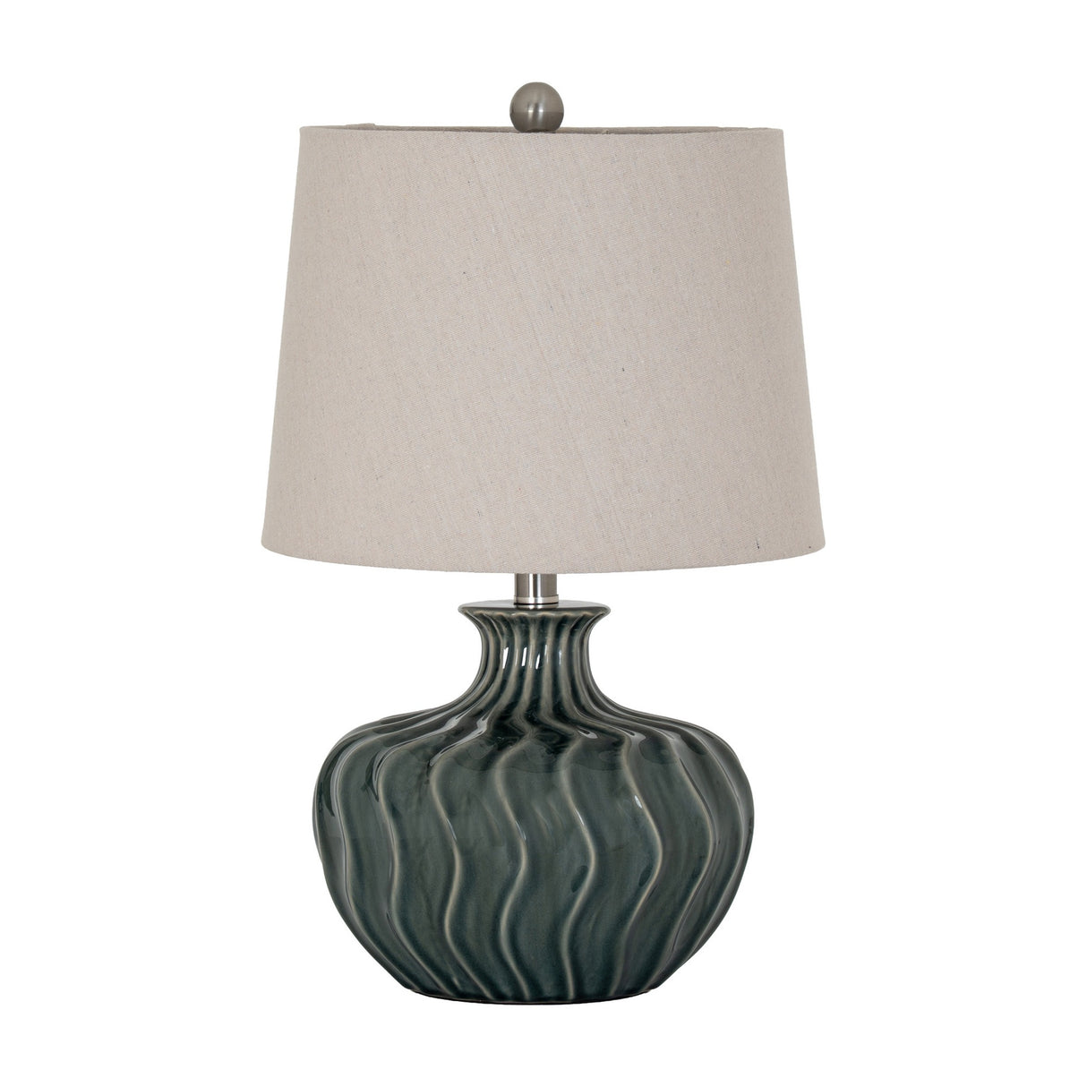 Hill Interiors ceramic table lamp with a ribbed, rounded dark green-grey glazed base and tapered natural linen shade, shown on a plain white background.