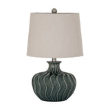 Hill Interiors ceramic table lamp with a ribbed, rounded dark green-grey glazed base and tapered natural linen shade, shown on a plain white background.