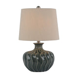 Hill Interiors ceramic table lamp with a ribbed dark grey glazed base and natural linen tapered shade, shown on a plain white background.