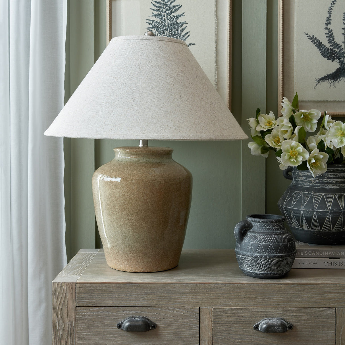 Ceramic Table Lamp With Edged Linen Shade – Green