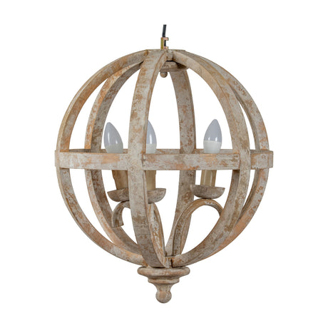 Hill Interiors Orb pendant ceiling light with a spherical wooden slat frame in a distressed brown finish, three candle bulbs, on a white background.