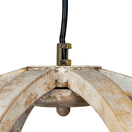 Close-up of Hill Interiors Orb Pendant Ceiling Light showing curved wooden slats in a weathered brown finish, black cable and metal clamp fitting above.