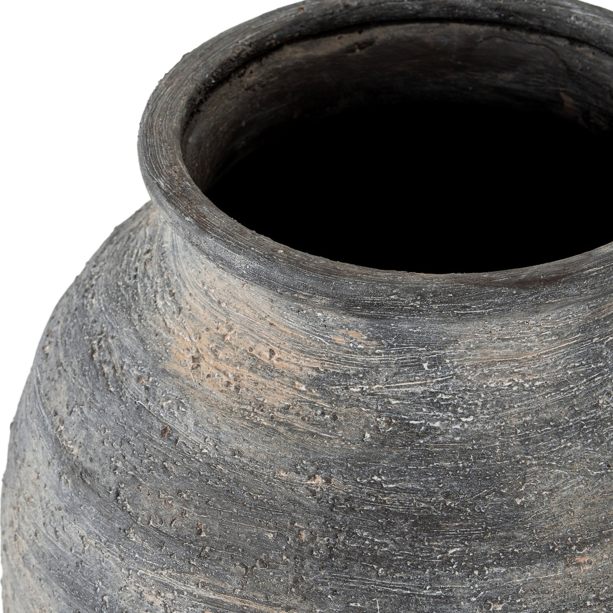 Close-up of Hill Interiors Medium Olpe ceramic vase showing the tapered neck, wide rim and textured black finish with weathered grey tones.