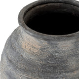 Close-up of Hill Interiors Medium Olpe ceramic vase showing the tapered neck, wide rim and textured black finish with weathered grey tones.