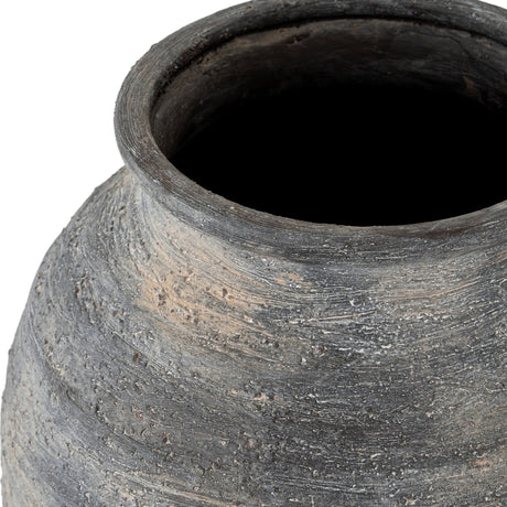 Close-up of Hill Interiors Medium Olpe ceramic vase showing the tapered neck, wide rim and textured black finish with weathered grey tones.