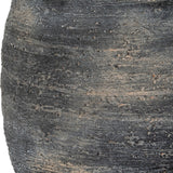 Close-up of the Hill Interiors Medium Olpe Ceramic Vase in black, showing the textured, weathered surface with subtle horizontal ridges across the rounded body.