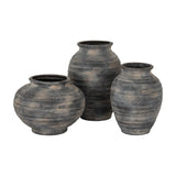Hill Interiors Medium Olpe ceramic vases in black, shown as a trio of rounded, ribbed forms with tapered necks on a plain white background.
