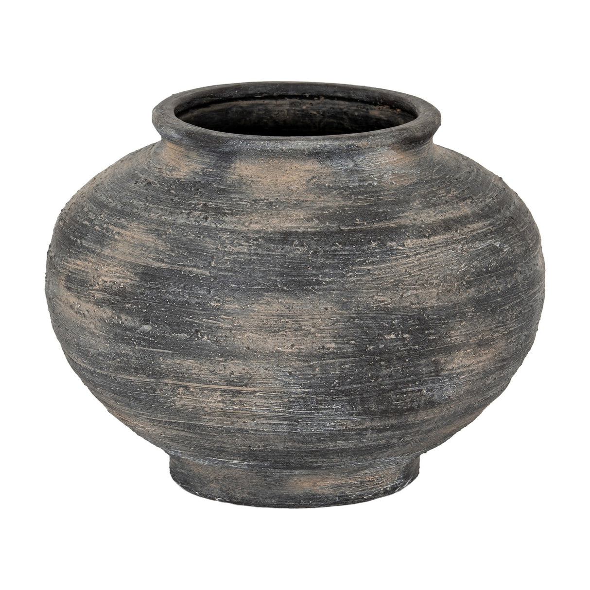 Hill Interiors Squat Ceramic Vase in black with a wide rounded body, short neck and textured matte glaze, shown on a plain white background.