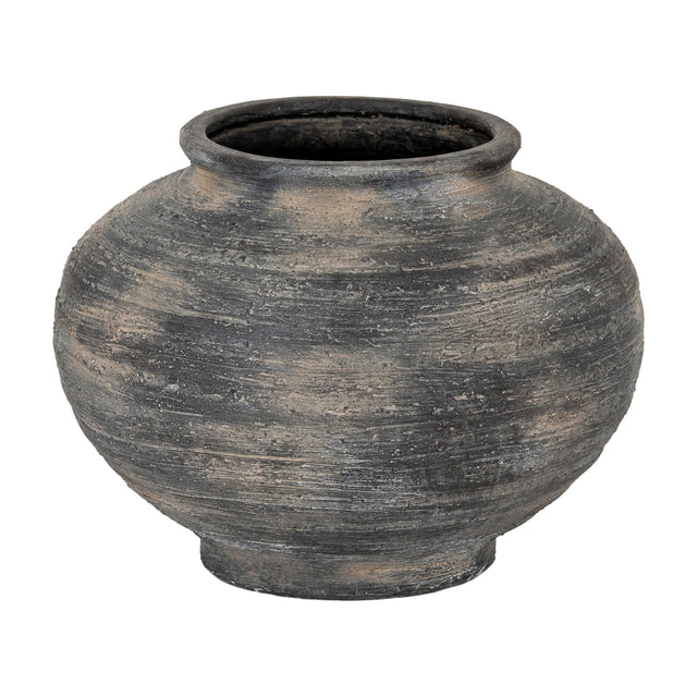 Hill Interiors Squat Ceramic Vase in black with a wide rounded body, short neck and textured matte glaze, shown on a plain white background.