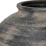 Close-up of Hill Interiors Squat Ceramic Vase in black, showing the tapered neck, rolled rim and textured matte glaze across the rounded shoulder.