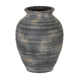 Hill Interiors Large Olpe ceramic vase in weathered matte black with a rounded tapered pitcher shape and textured horizontal banding on a white background.
