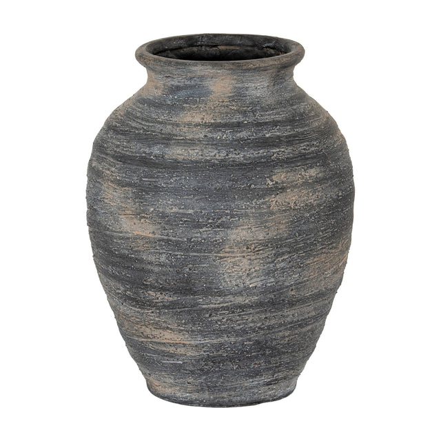 Hill Interiors Large Olpe ceramic vase in weathered matte black with a rounded tapered pitcher shape and textured horizontal banding on a white background.