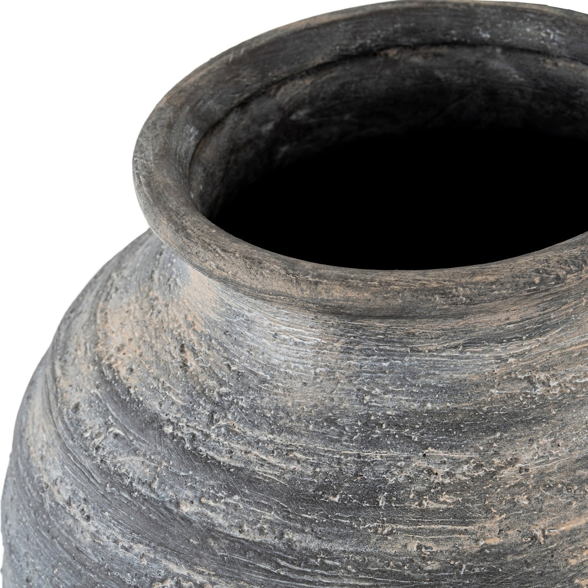 Close-up of the Hill Interiors Large Olpe ceramic vase showing its wide flared rim and textured matte black finish against a plain white background.