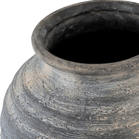 Close-up of the Hill Interiors Large Olpe ceramic vase showing its wide flared rim and textured matte black finish against a plain white background.