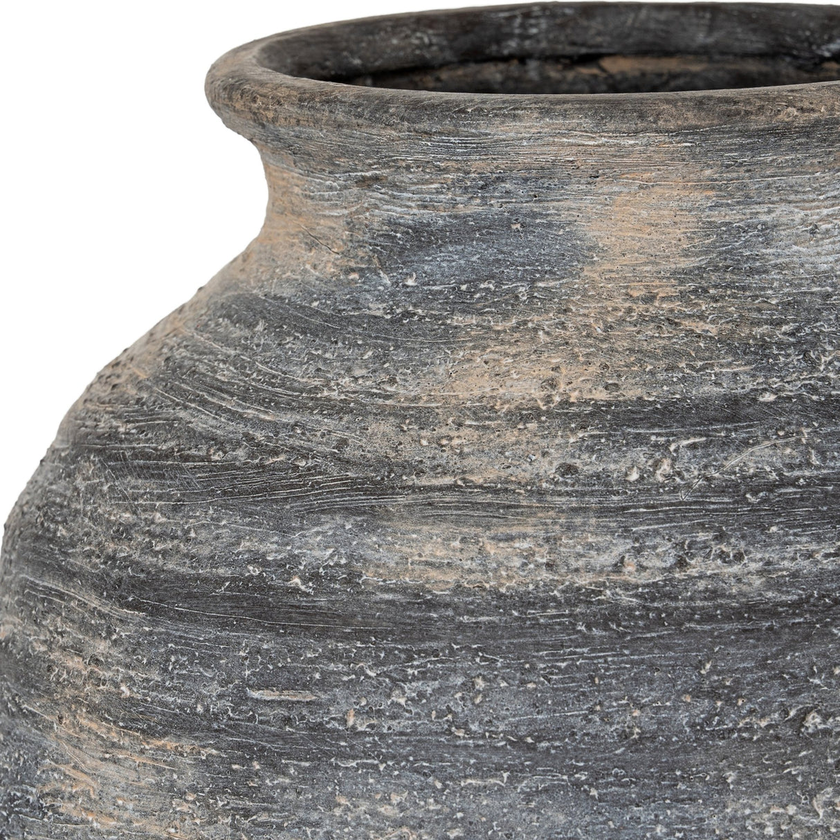 Close-up of the Hill Interiors Large Olpe Ceramic Vase in black, showing the tapered neck, flared rim and textured matte finish with pale weathered tones.