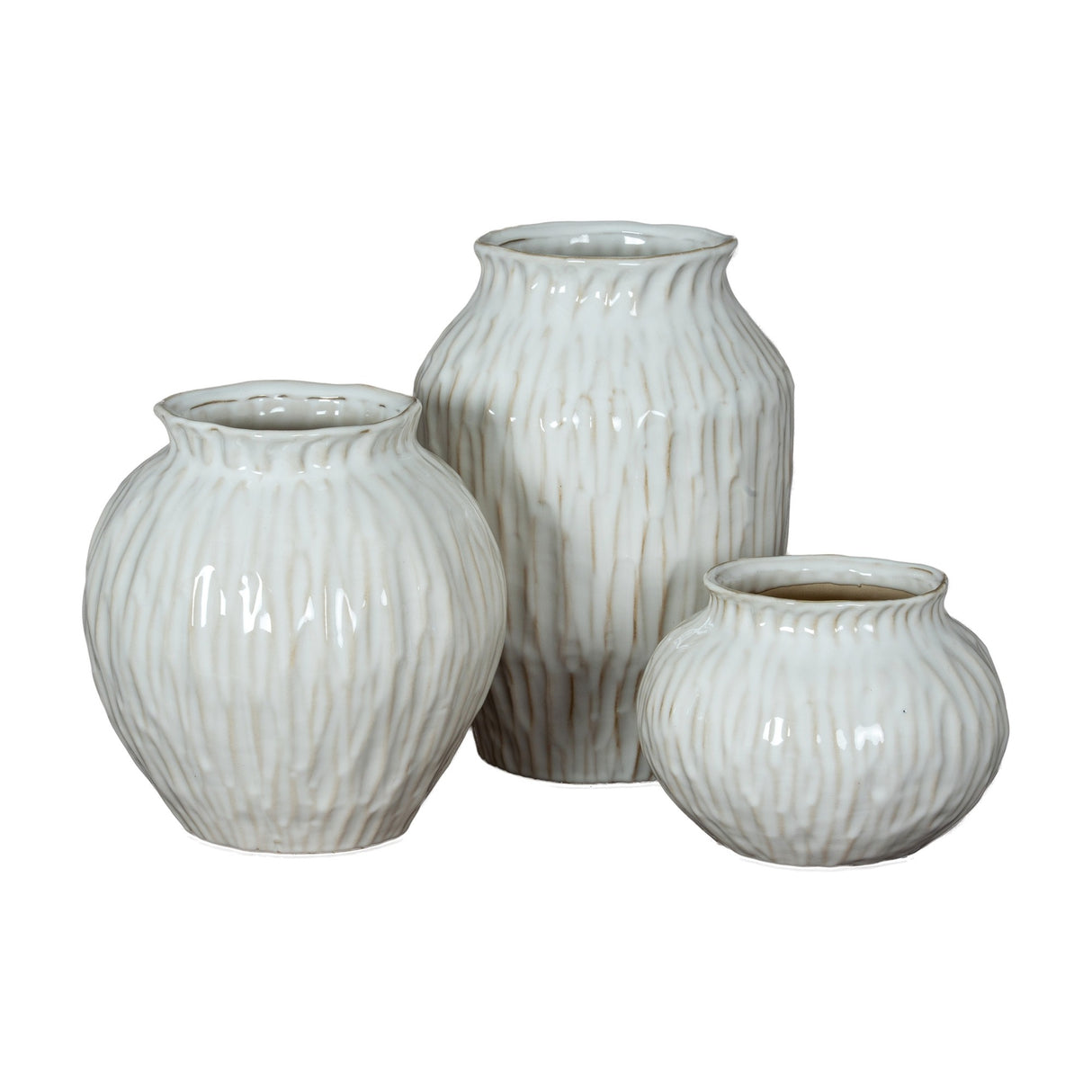 Hill Interiors Squat Ceramic Vase trio in white with ribbed textured finish, showing tall, rounded and small squat shapes on a plain background.
