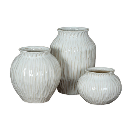 Hill Interiors Squat Ceramic Vase trio in white with ribbed textured finish, showing tall, rounded and small squat shapes on a plain background.